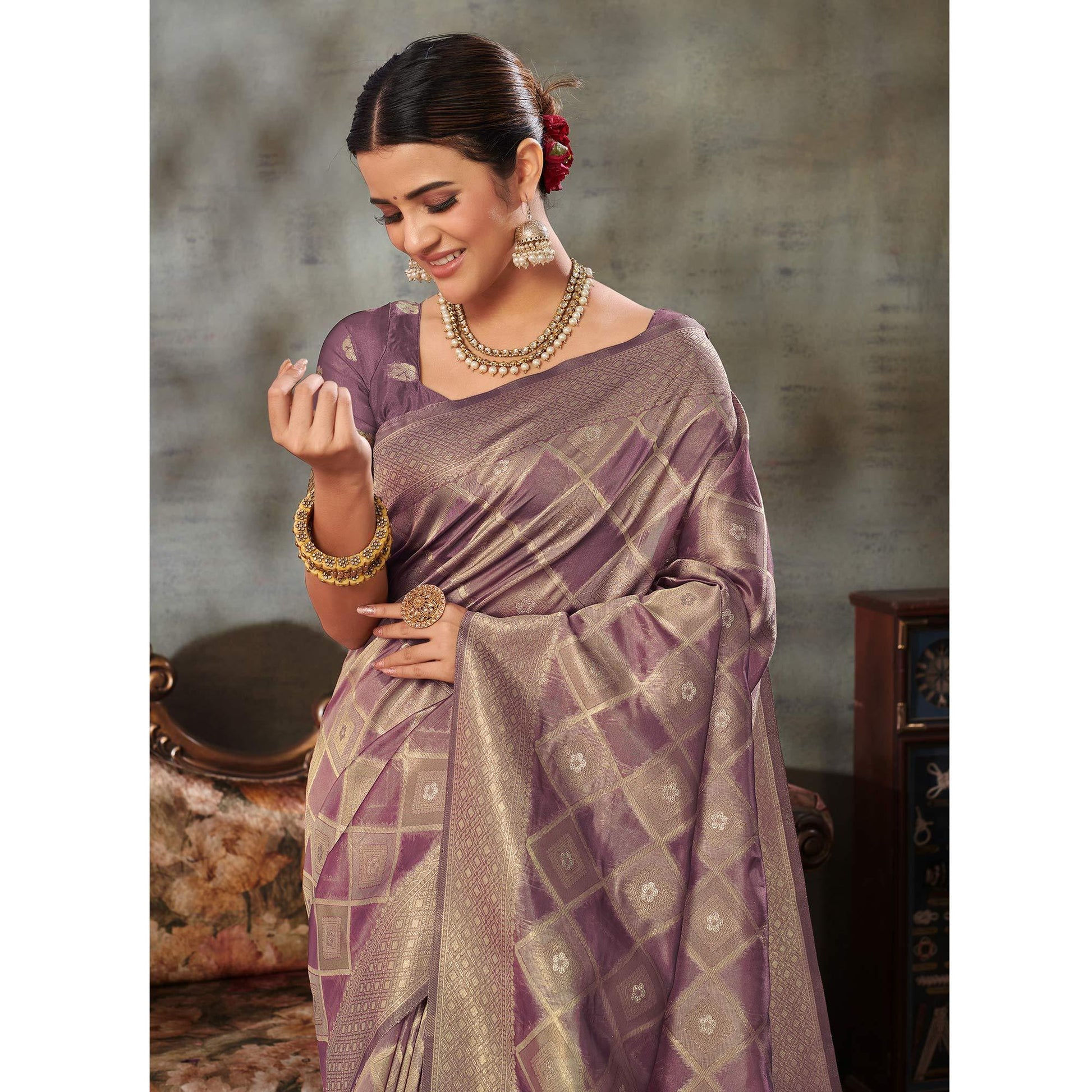 Mauve Woven Organza Saree With Tassels