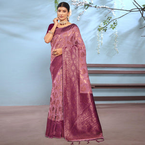 Mauve Woven Cotton Blend Saree With Tassels