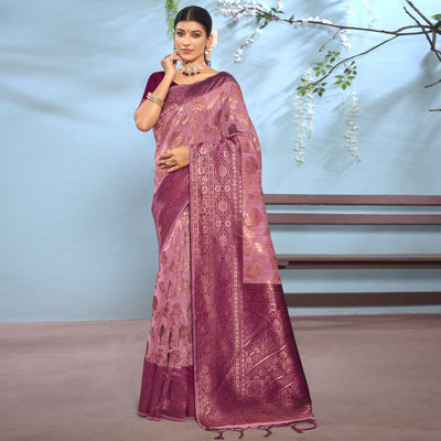 Mauve Woven Cotton Blend Saree With Tassels