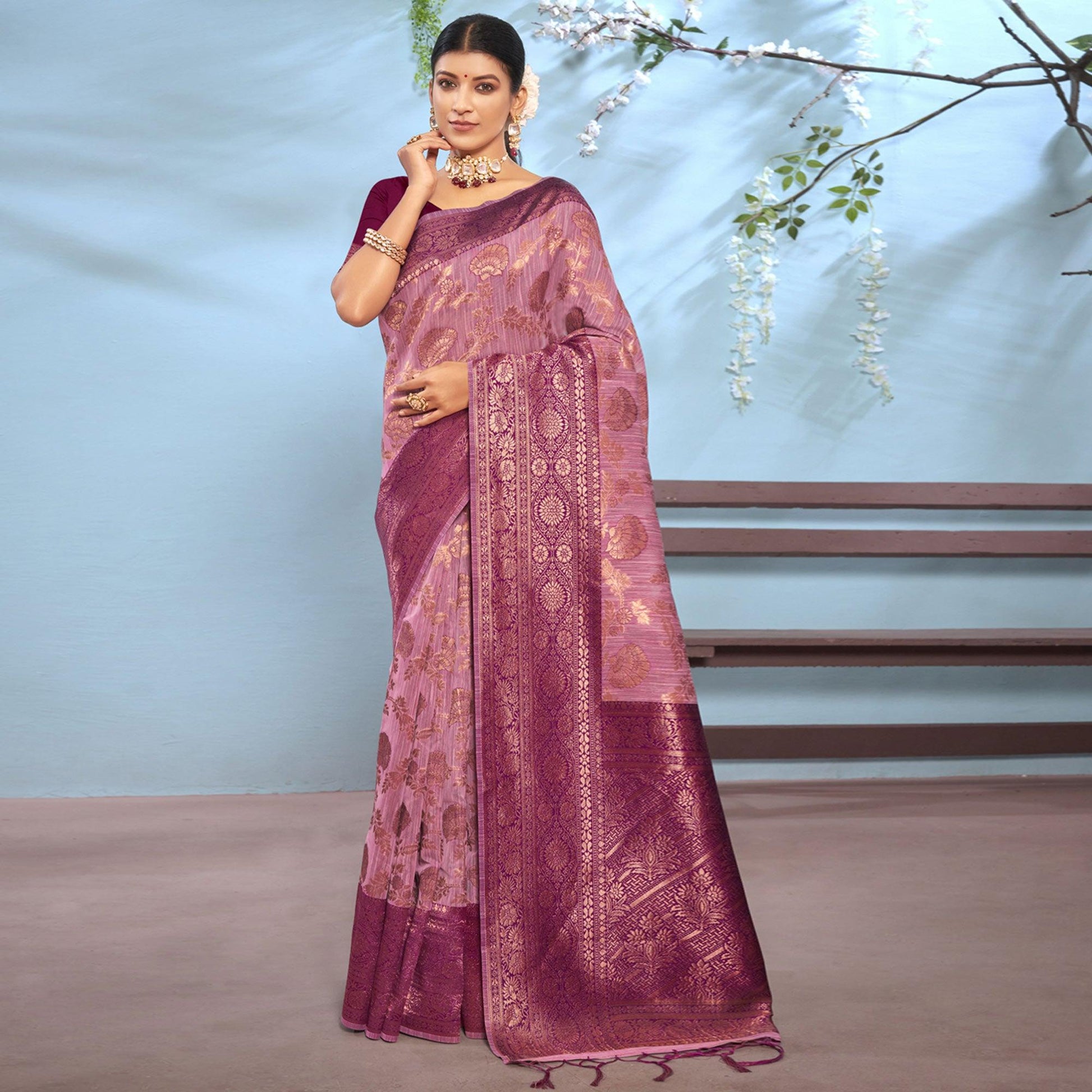 Mauve Woven Cotton Blend Saree With Tassels