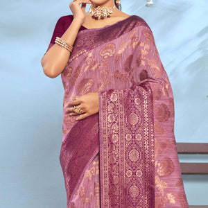 Mauve Woven Cotton Blend Saree With Tassels