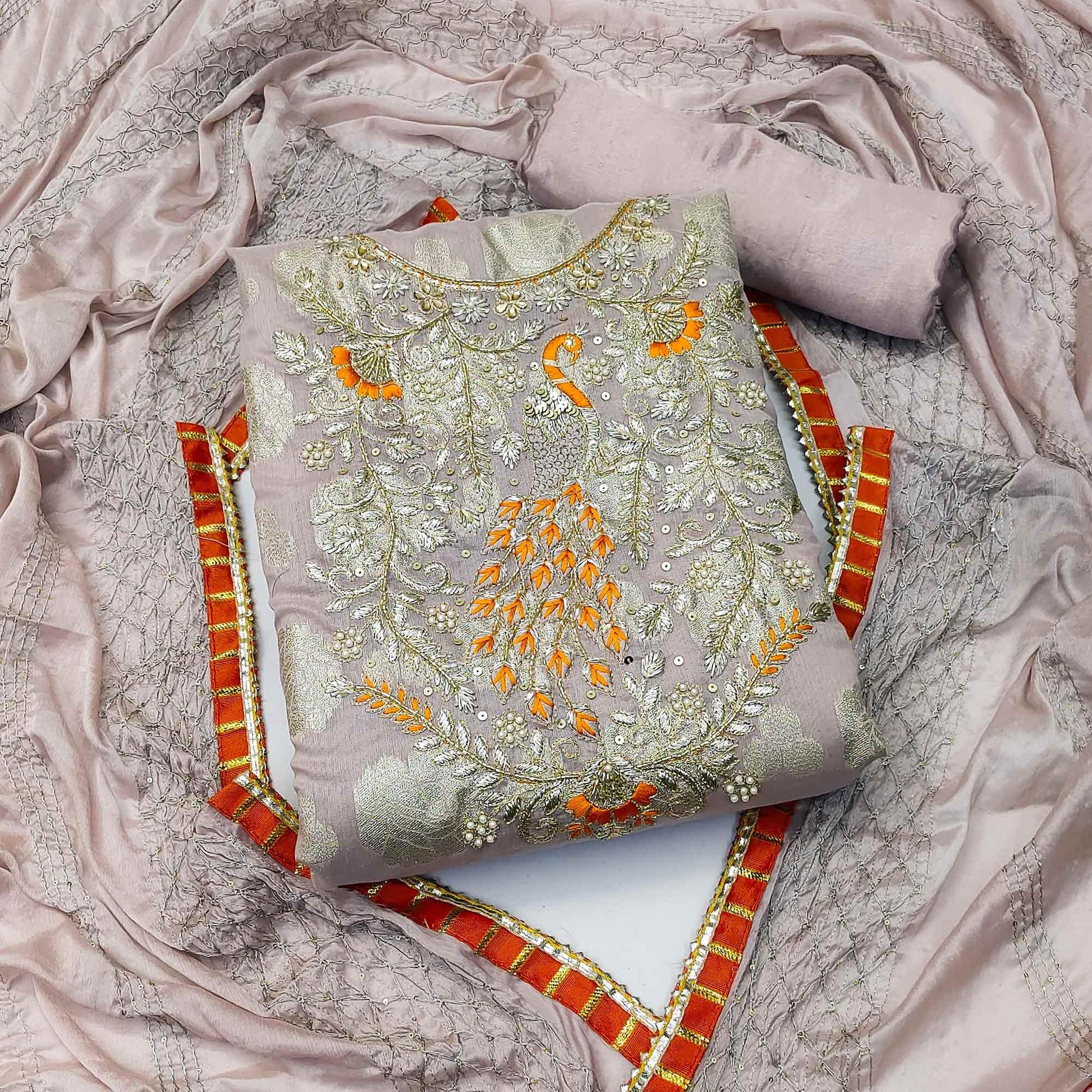 Mauve Woven With Embellished Jacquard Dress Material