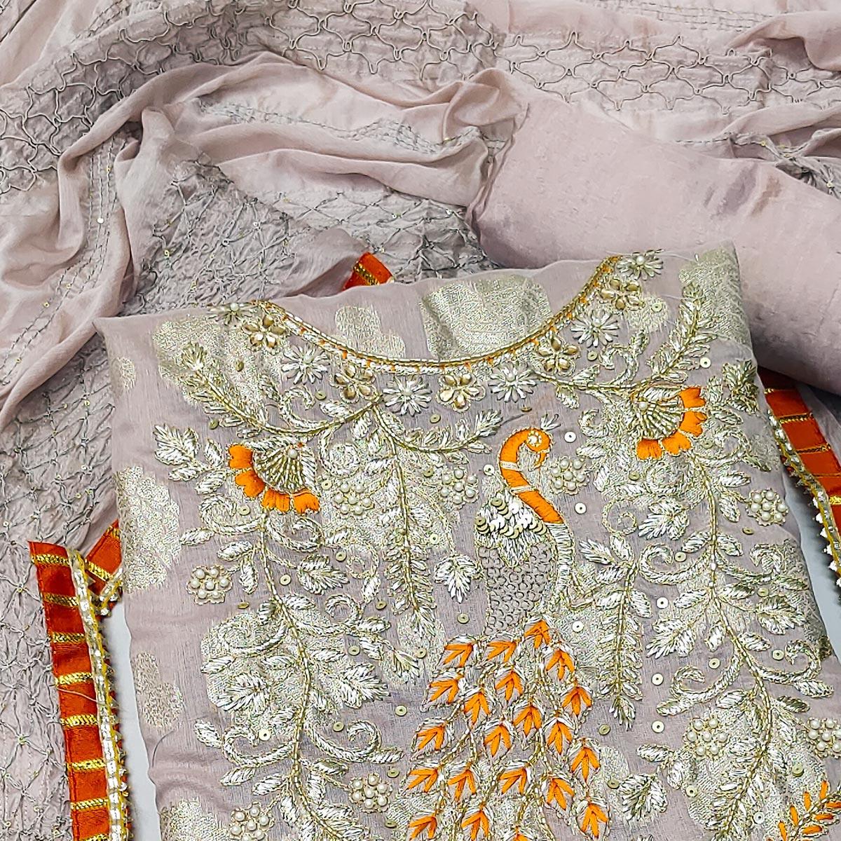 Mauve Woven With Embellished Jacquard Dress Material