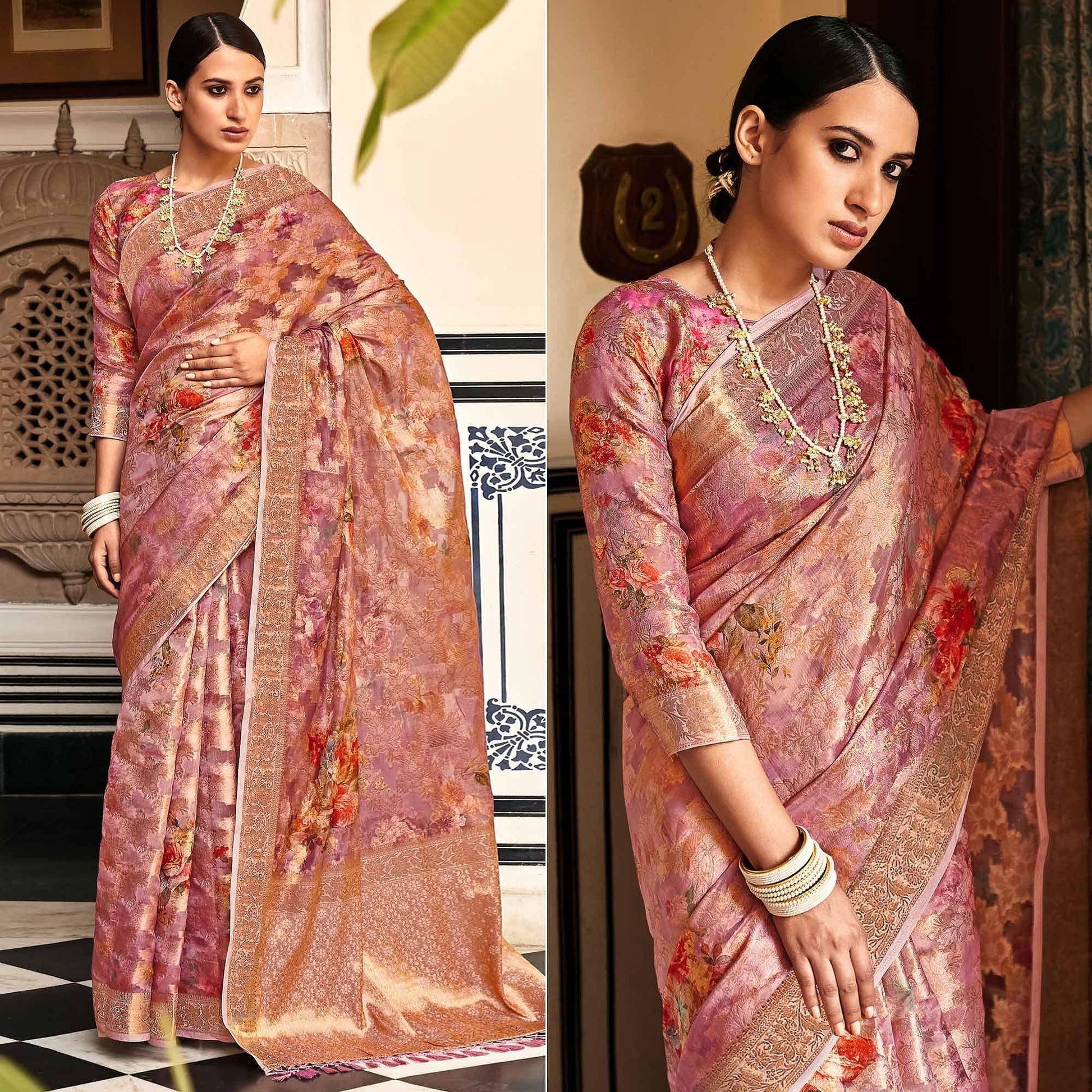 Mauve Woven With Printed Cotton Silk Saree With Tassels