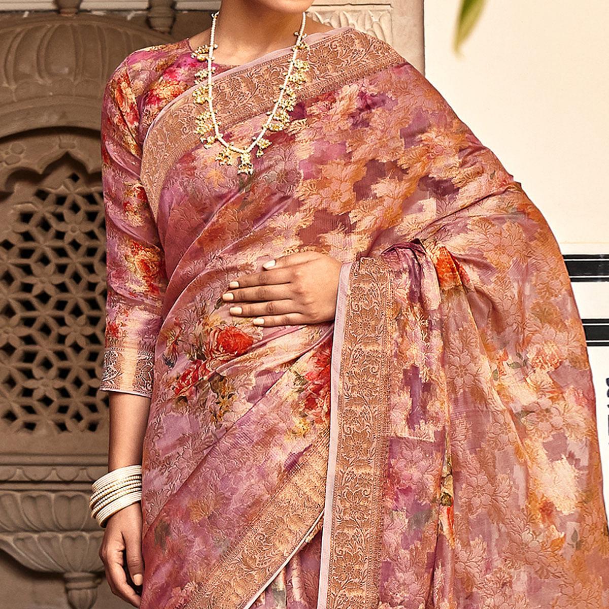 Mauve Woven With Printed Cotton Silk Saree With Tassels