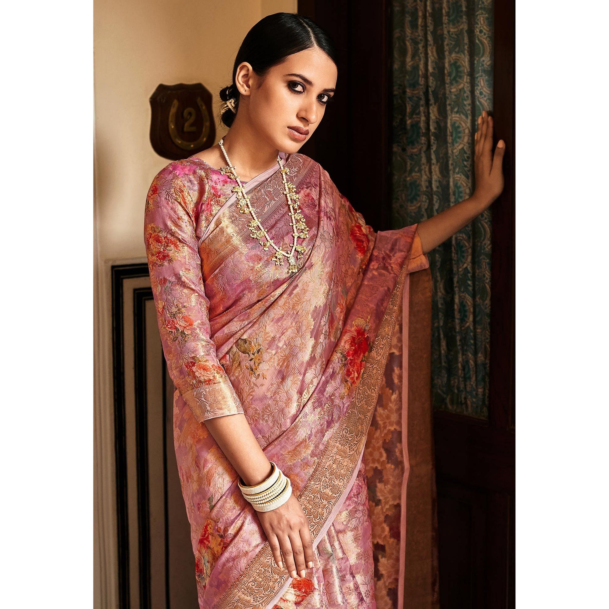 Mauve Woven With Printed Cotton Silk Saree With Tassels