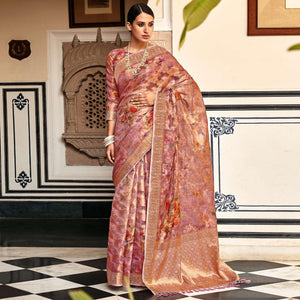 Mauve Woven With Printed Cotton Silk Saree With Tassels