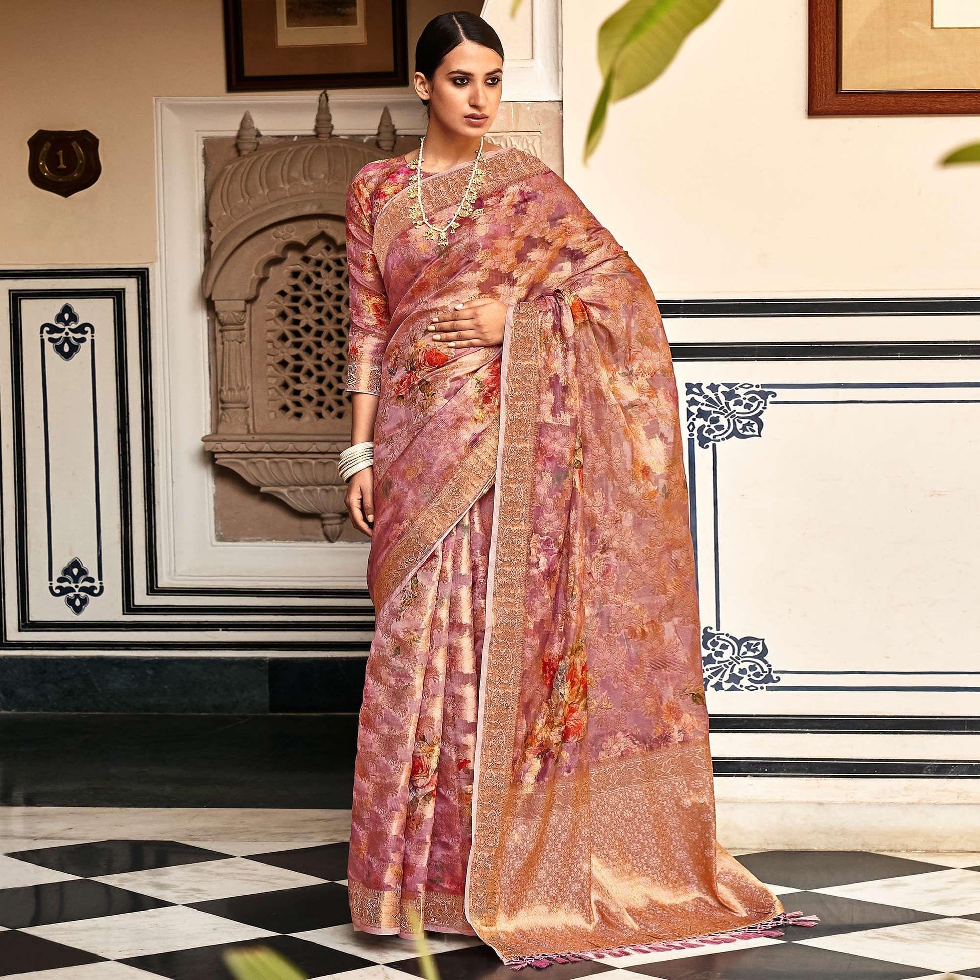 Mauve Woven With Printed Cotton Silk Saree With Tassels