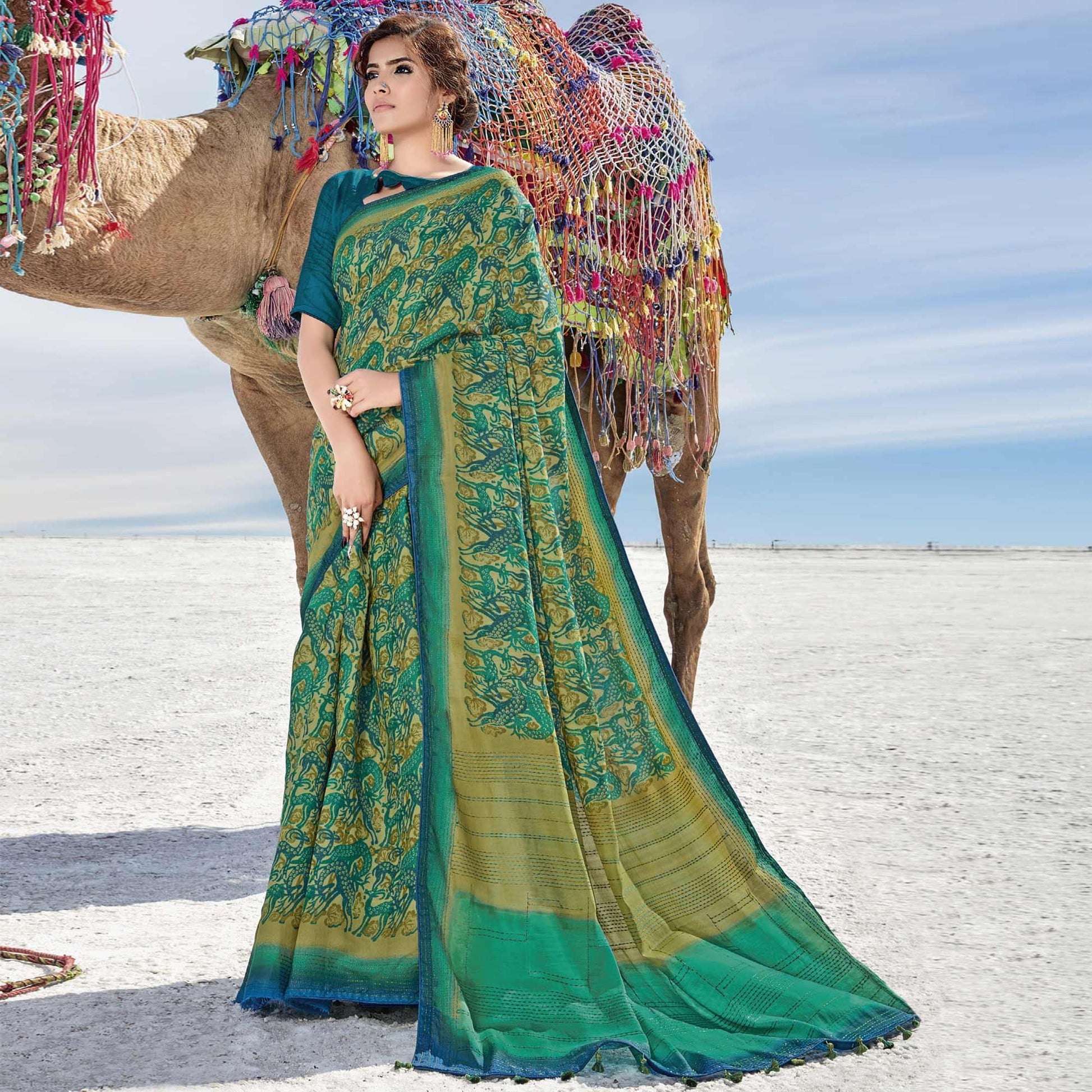 Mehandi  Casual Wear Printed Cotton Silk Saree