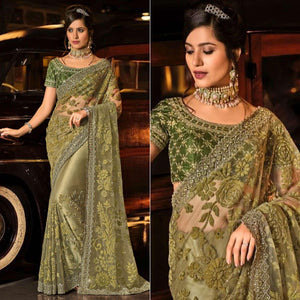 Mehandi Green Partywear Embroidered Mirror Work Net Saree