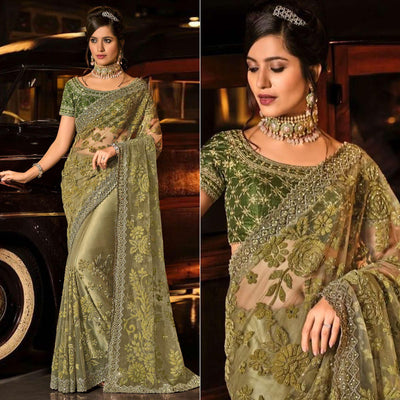 Mehandi Green Partywear Embroidered Mirror Work Net Saree
