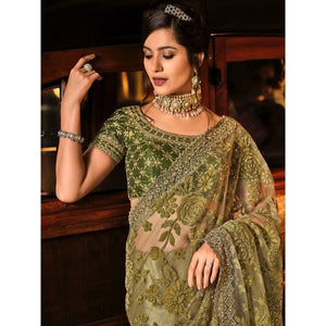 Mehandi Green Partywear Embroidered Mirror Work Net Saree