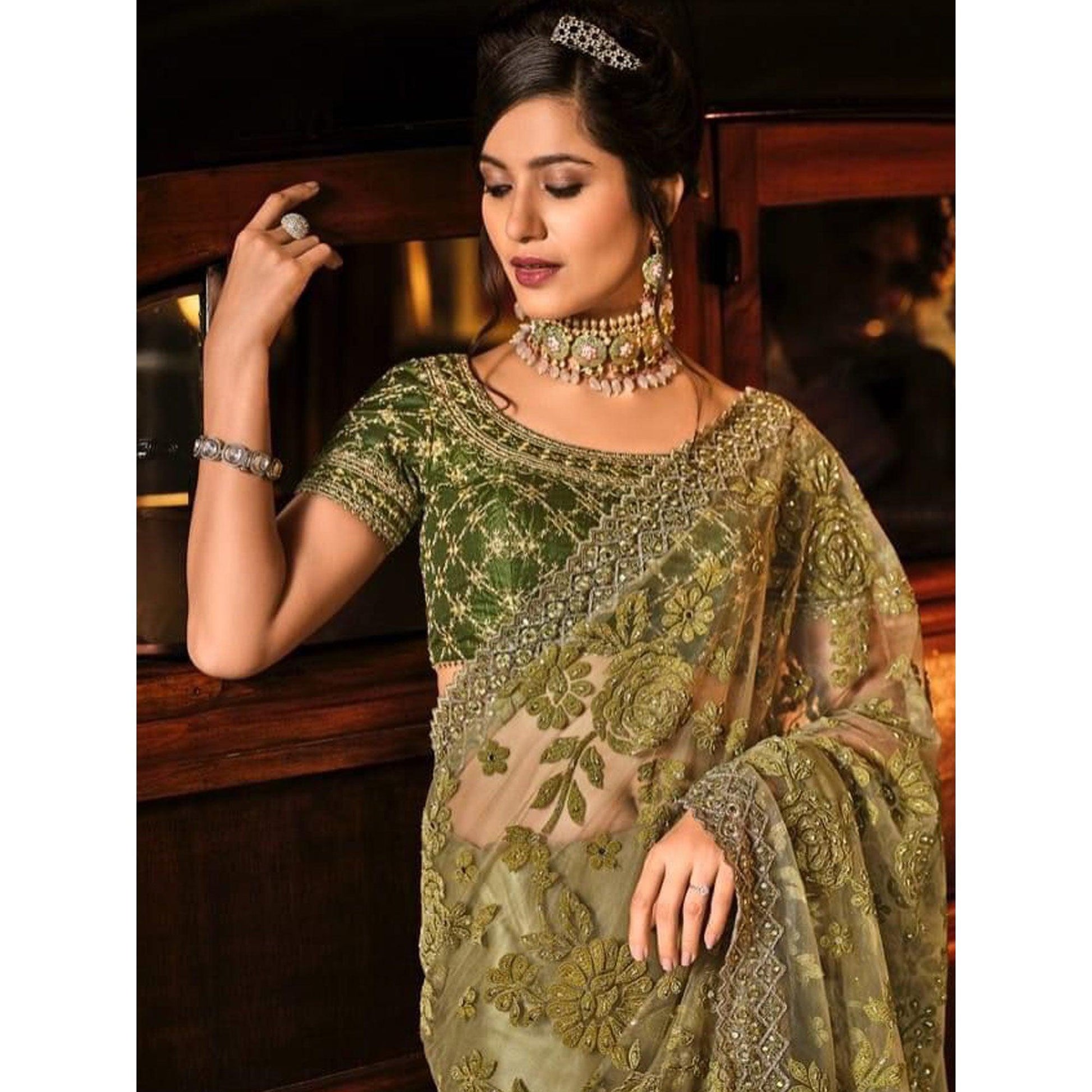Mehandi Green Partywear Embroidered Mirror Work Net Saree