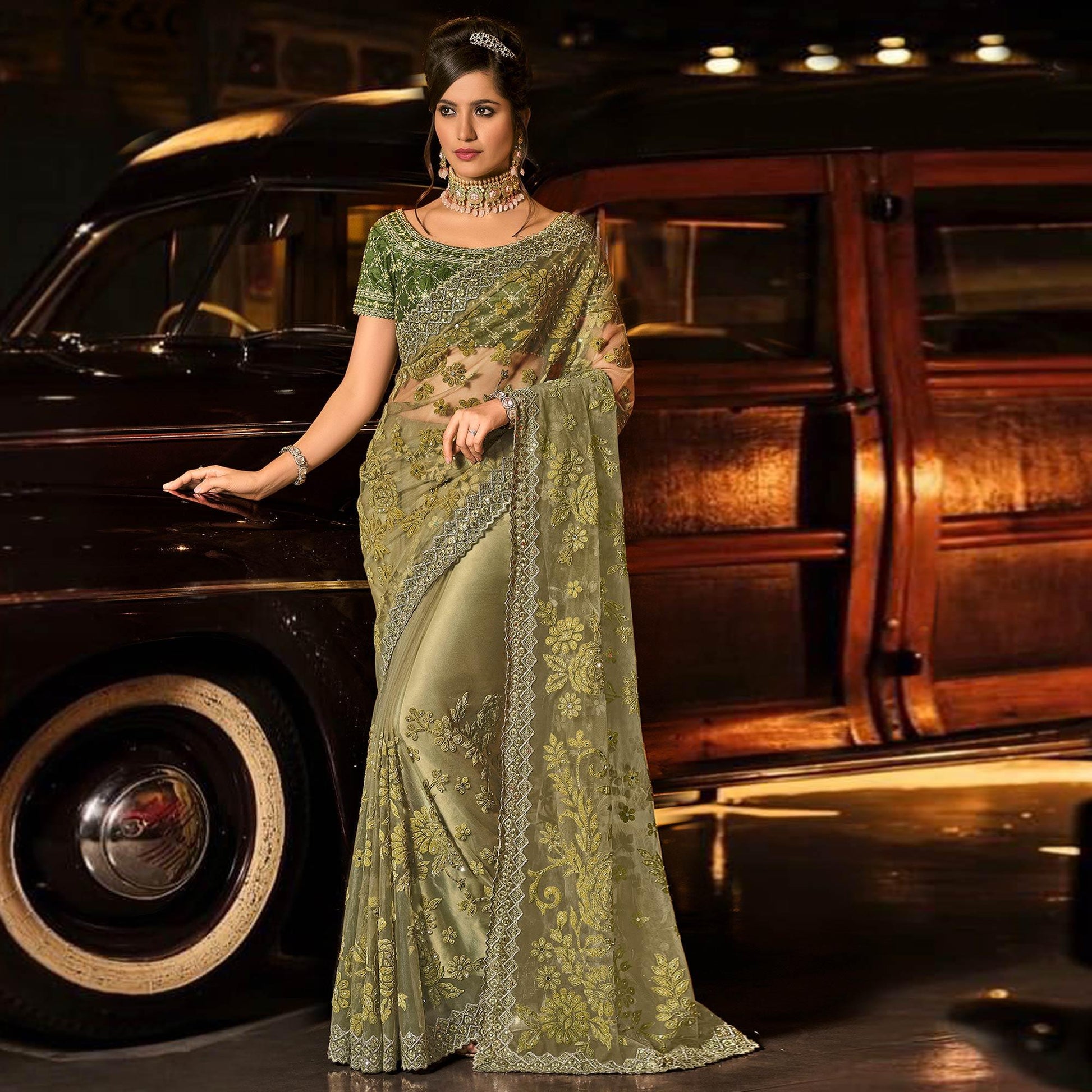 Mehandi Green Partywear Embroidered Mirror Work Net Saree