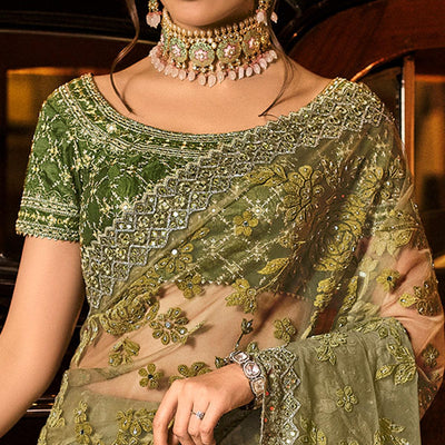Mehandi Green Partywear Embroidered Mirror Work Net Saree
