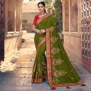 Mehandi Green Partywear Embroidered Silk Saree
