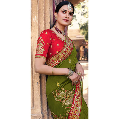 Mehandi Green Partywear Embroidered Silk Saree