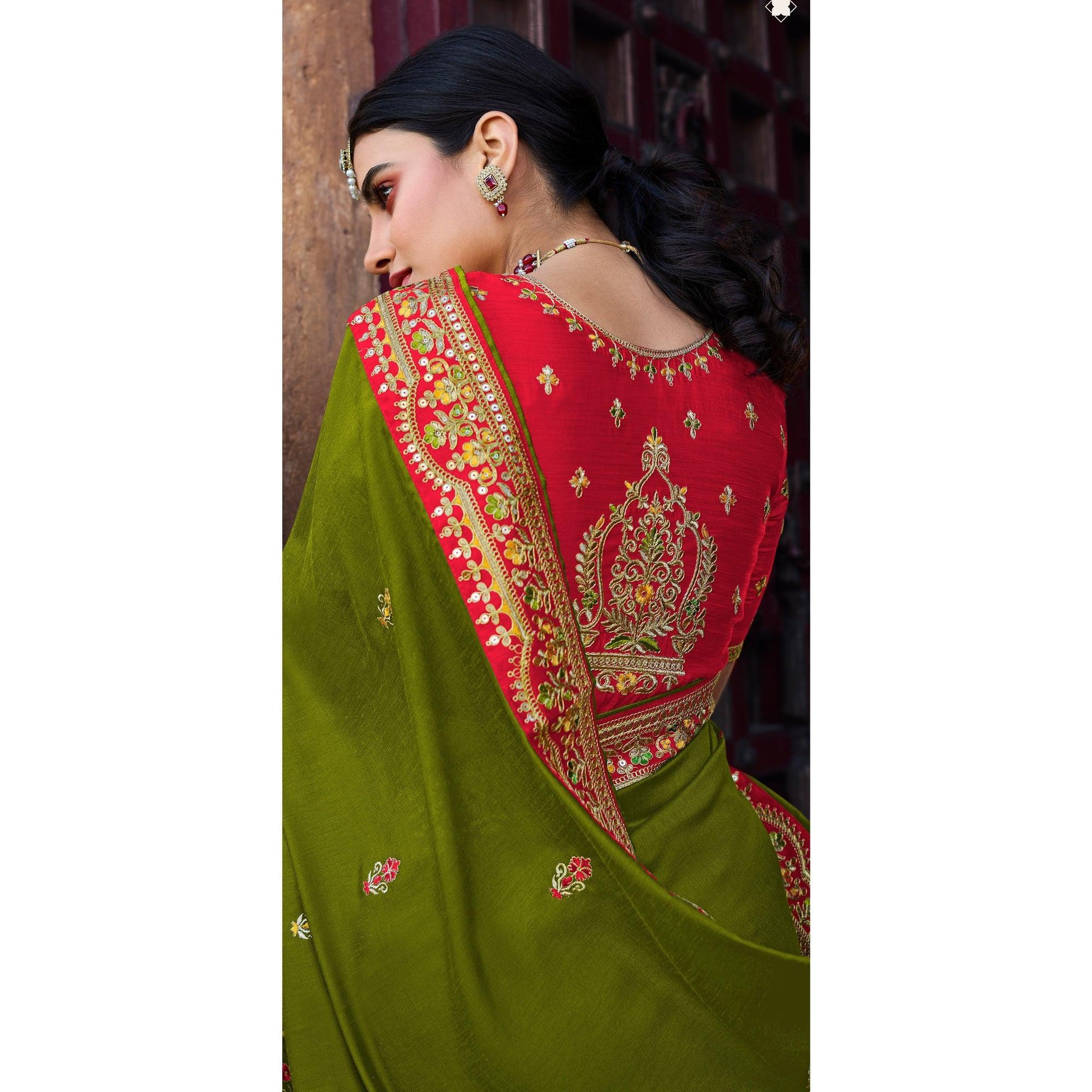 Mehandi Green Partywear Embroidered Silk Saree