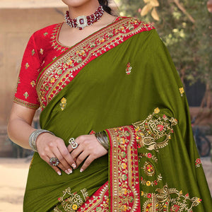 Mehandi Green Partywear Embroidered Silk Saree