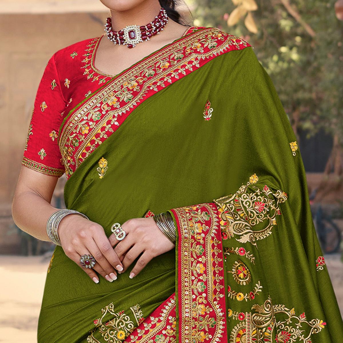 Mehandi Green Partywear Embroidered Silk Saree