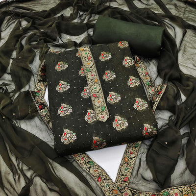 Mehandi Green Woven With Sequins Art Silk Dress Material