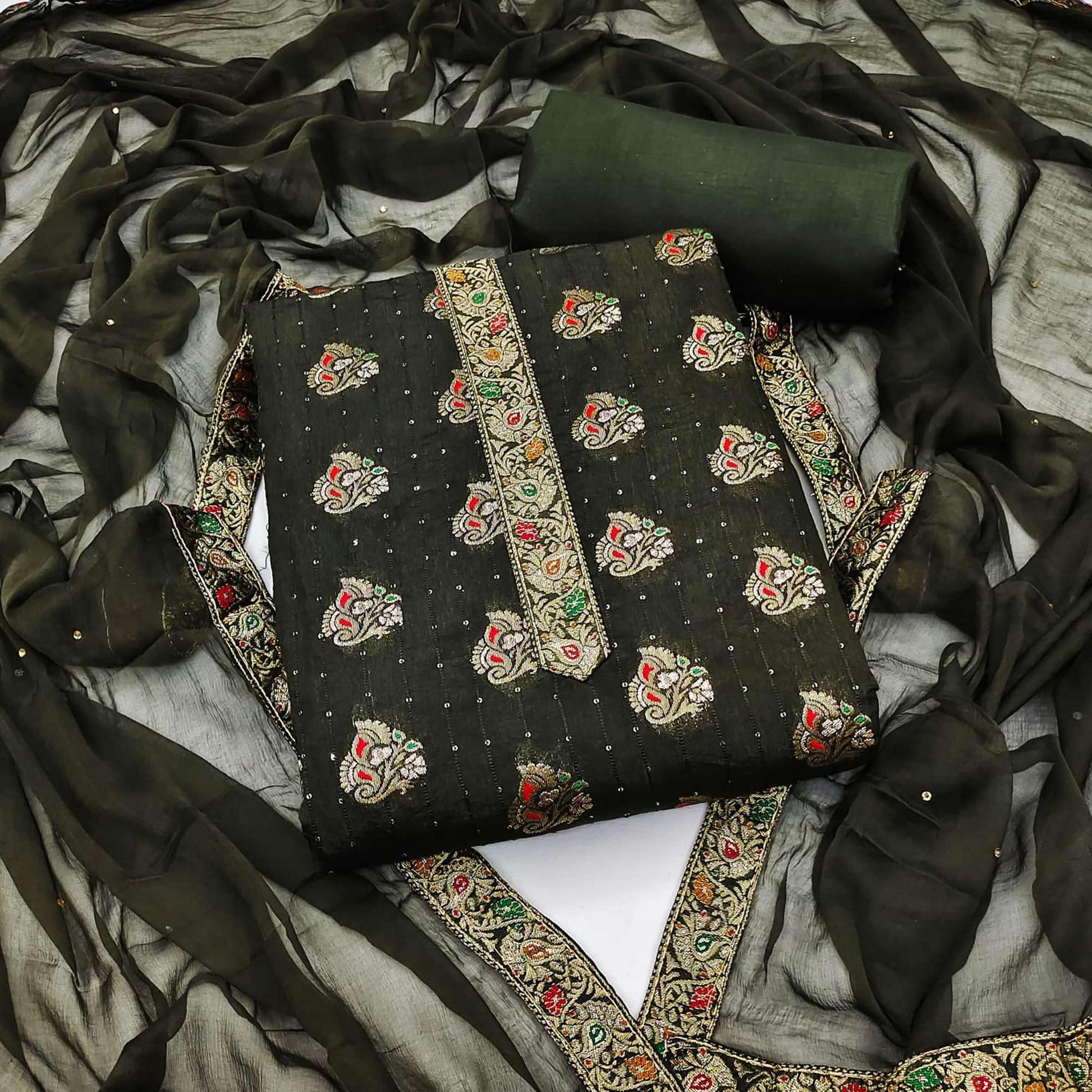 Mehandi Green Woven With Sequins Art Silk Dress Material