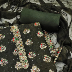 Mehandi Green Woven With Sequins Art Silk Dress Material