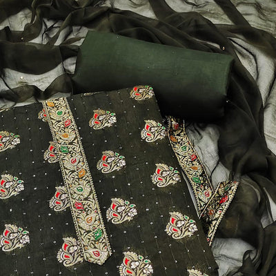 Mehandi Green Woven With Sequins Art Silk Dress Material