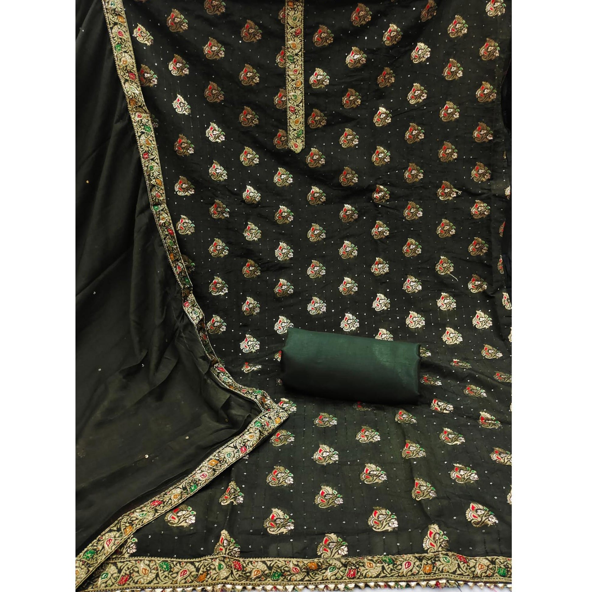 Mehandi Green Woven With Sequins Art Silk Dress Material