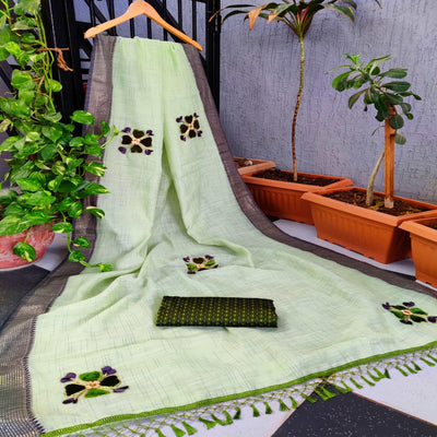 Mehdi Green Festive Wear Floral Embroiderey Woven Border Cotton Saree