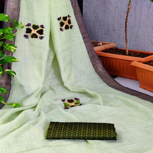 Mehdi Green Festive Wear Floral Embroiderey Woven Border Cotton Saree