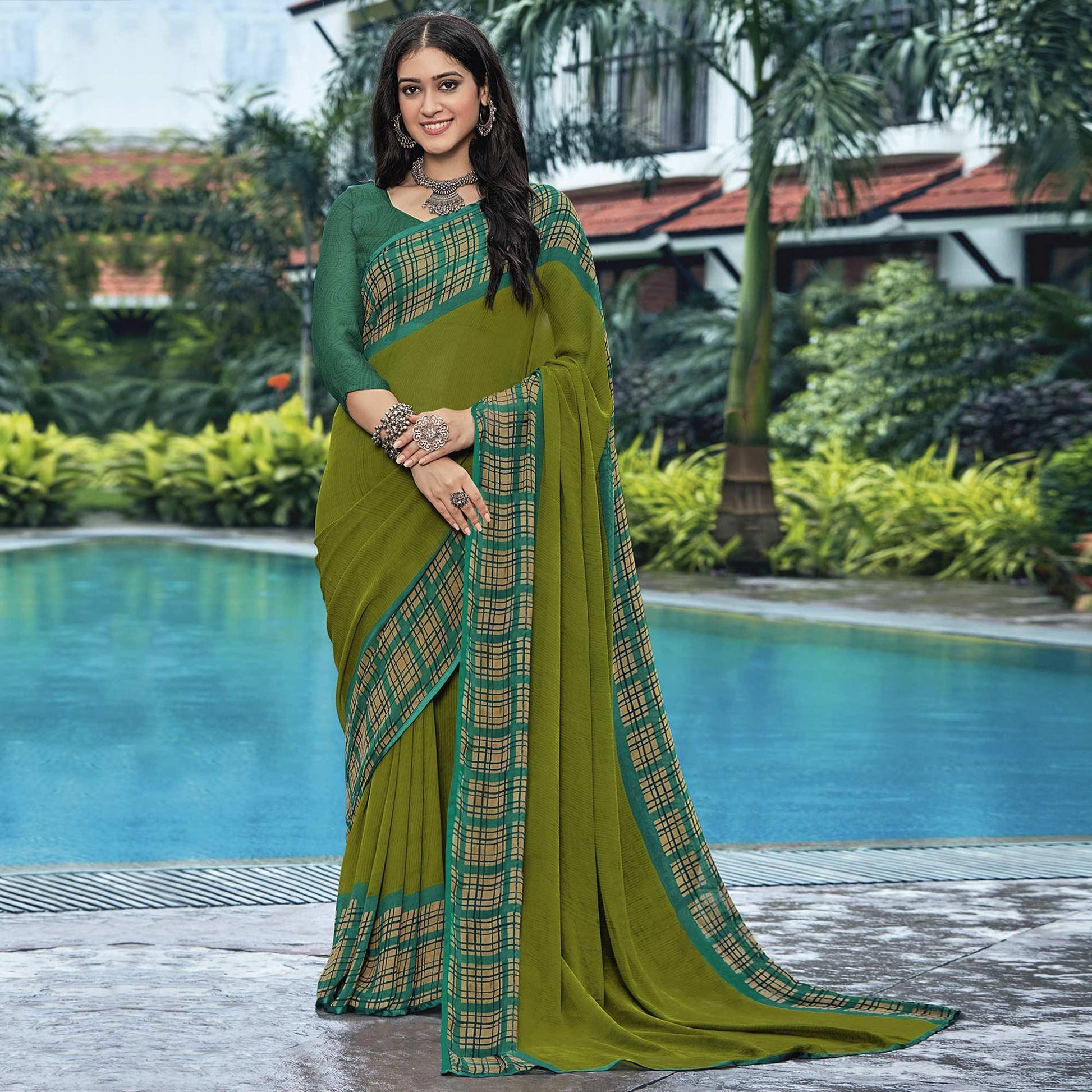 Mehendi & Blue Casual Wear Checks Printed Georgette Saree