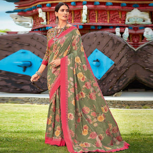 Mehendi & Pink Casual Wear Printed Silk Saree