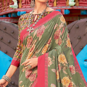 Mehendi & Pink Casual Wear Printed Silk Saree