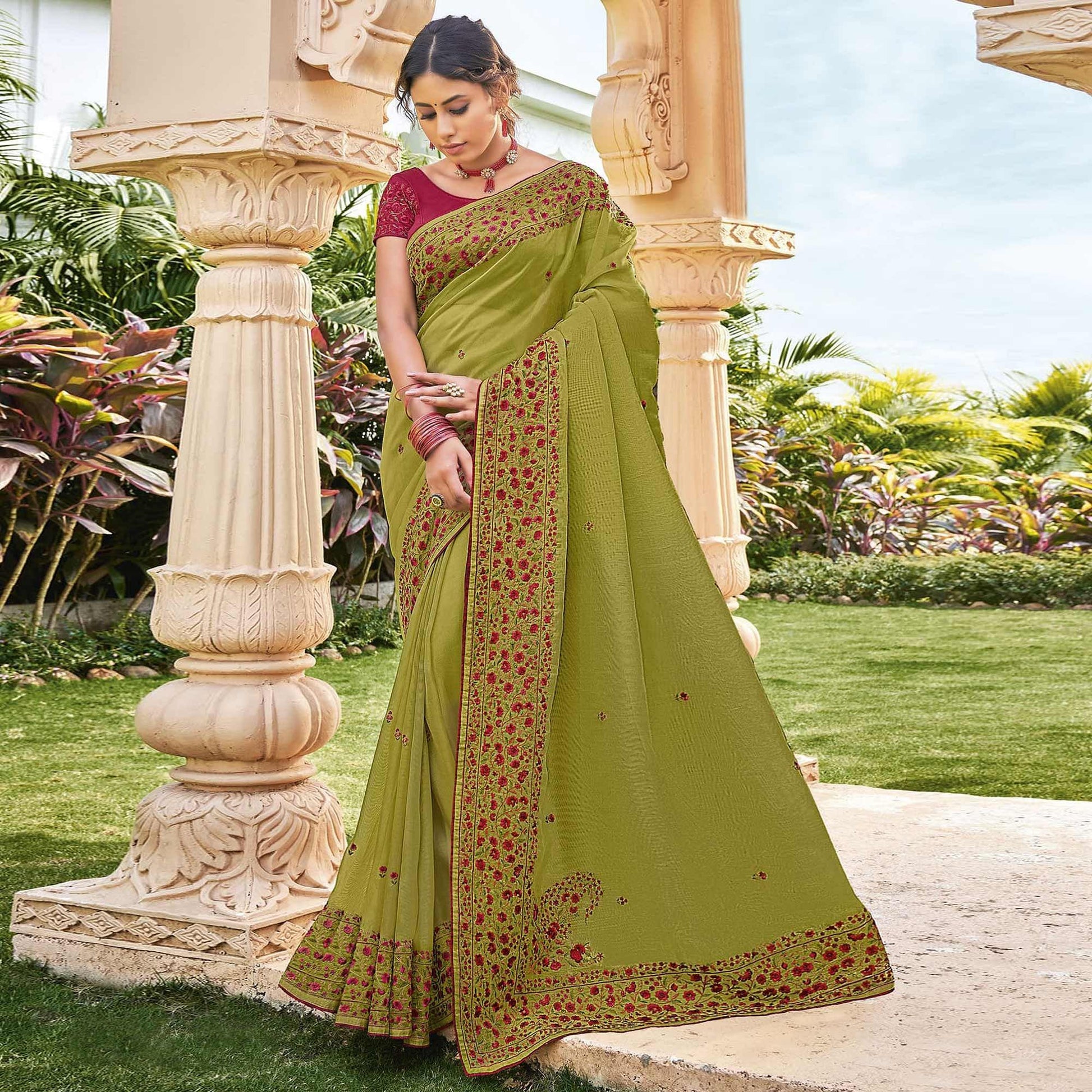 Mehendi Embroidered Georgette Saree