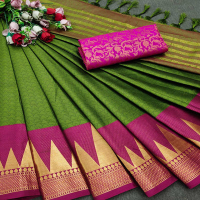 Mehendi Festive Wear Jacquard Woven Border Heavy Cotton Silk Saree