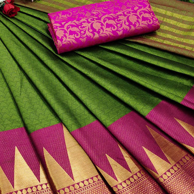 Mehendi Festive Wear Jacquard Woven Border Heavy Cotton Silk Saree