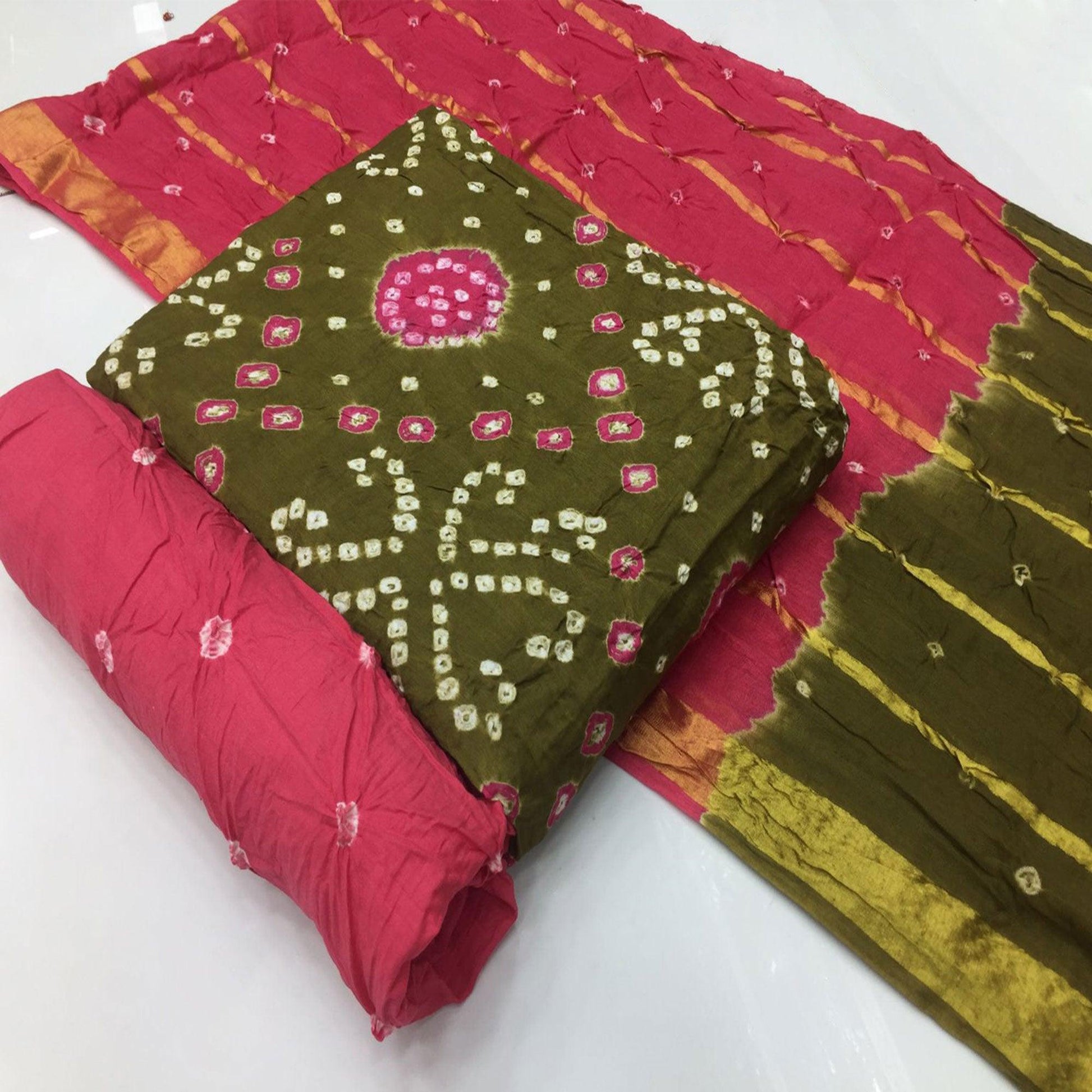 Mehendi Green Bandhani Printed Pure Cotton Dress Material