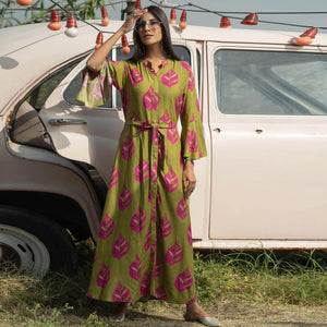 Mehendi Green Casual Ankle Length Printed Rayon Gown With Belt