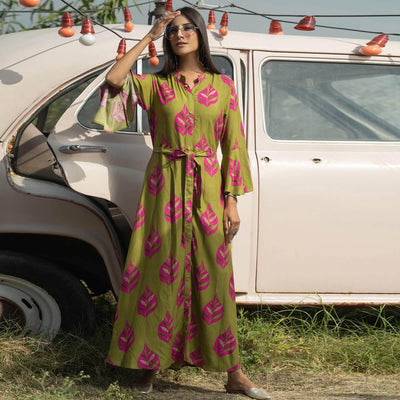 Mehendi Green Casual Ankle Length Printed Rayon Gown With Belt