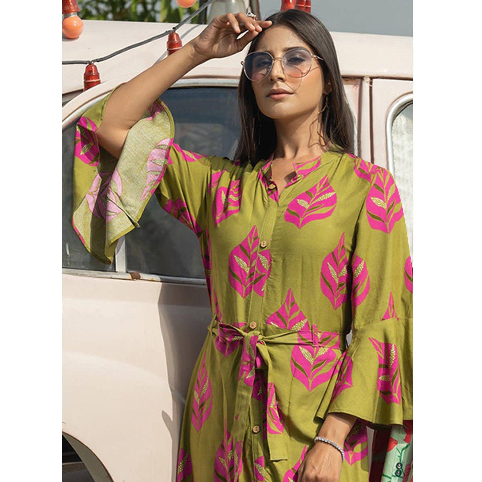 Mehendi Green Casual Ankle Length Printed Rayon Gown With Belt