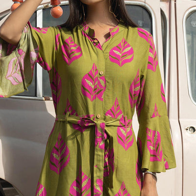 Mehendi Green Casual Ankle Length Printed Rayon Gown With Belt