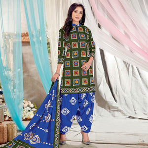 Mehendi Green Casual Wear Batik Printed Cotton Patiala Dress Material