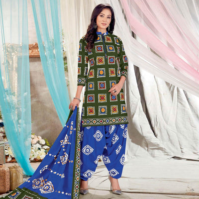 Mehendi Green Casual Wear Batik Printed Cotton Patiala Dress Material