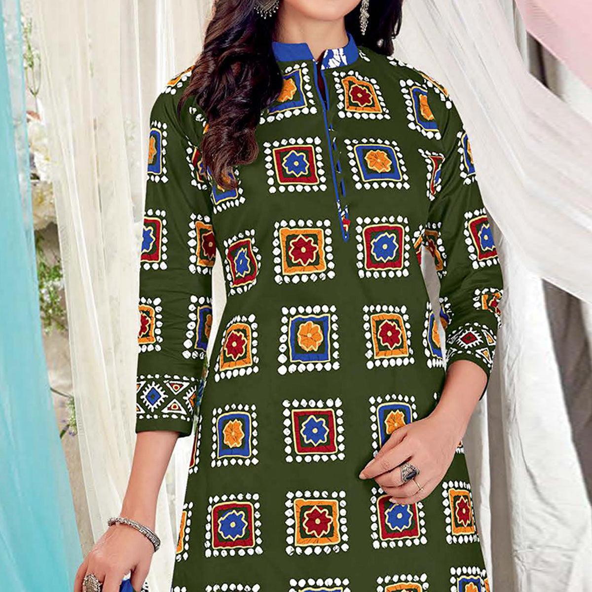 Mehendi Green Casual Wear Batik Printed Cotton Patiala Dress Material