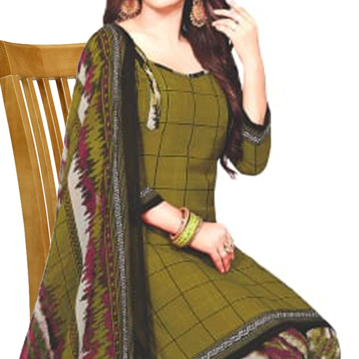 Mehendi Green Casual Wear Checks Printed Leon Patiala Dress Material