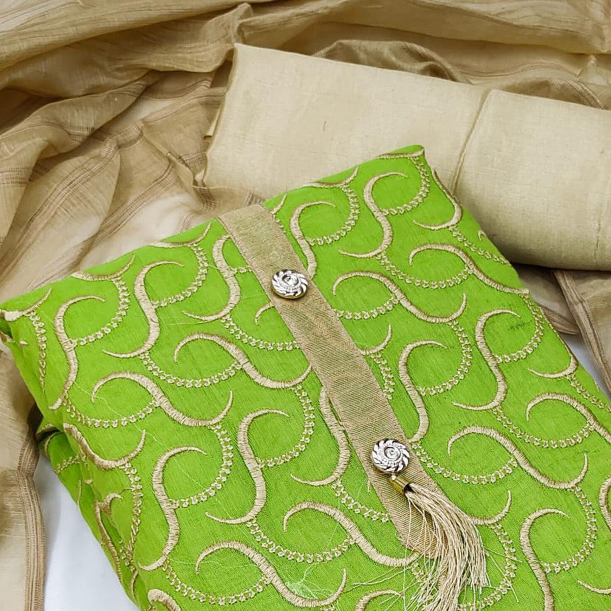 Mehendi Green Casual Wear Embroidered Chanderi Dress Material