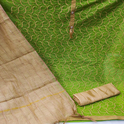 Mehendi Green Casual Wear Embroidered Chanderi Dress Material