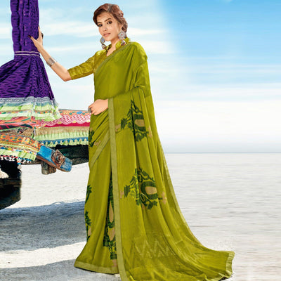 Mehendi Green Casual Wear Printed Brasso Saree