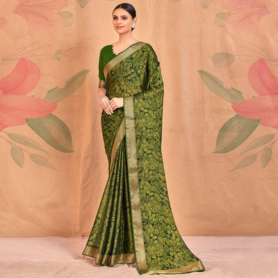 Mehendi Green Casual Wear Printed Chiffon Saree With Banarasi Lace